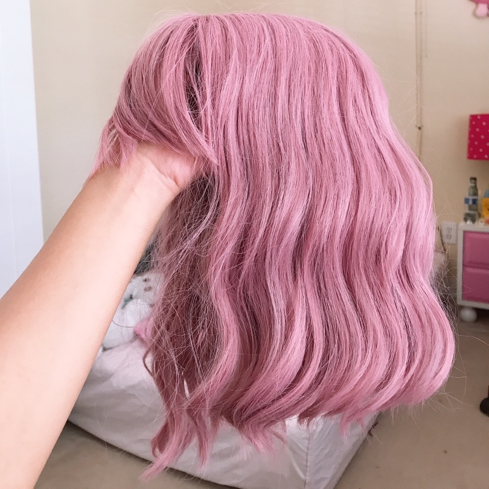 12” dusty rose wavy bob wig with bangs.